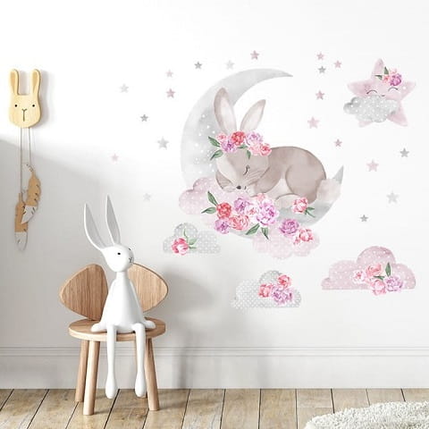 Naklejka ścienna śpiący królik różowy
