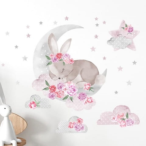 Naklejka ścienna śpiący królik różowy  2