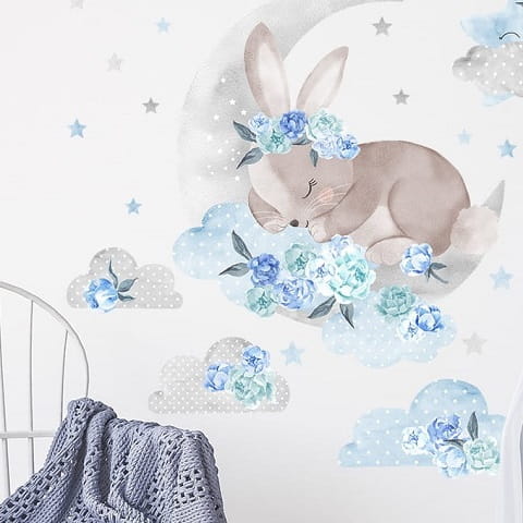 Naklejka ścienna śpiący królik niebieski