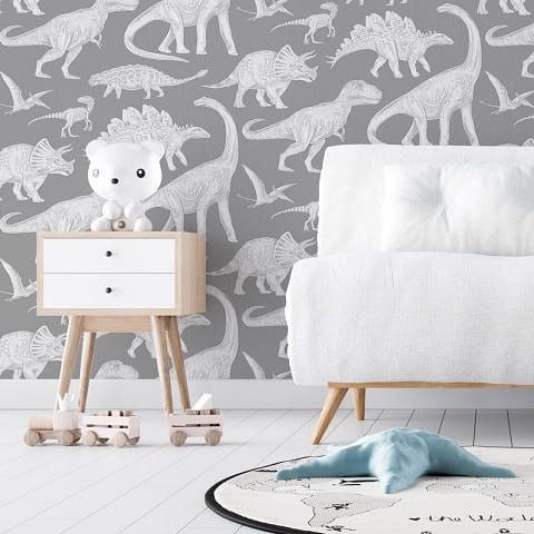 Tapeta dziecięca Dino dinozaury szara w brytach