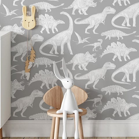 Tapeta dziecięca Dino dinozaury szara w brytach 1