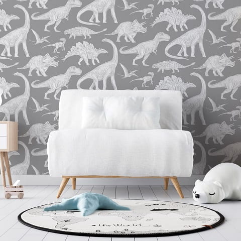 Tapeta dziecięca Dino dinozaury szara w brytach 2