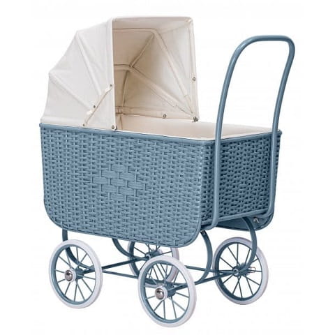 Wózek dla lalek Doll Pram Retro Rattan Blue niebieski Astrup