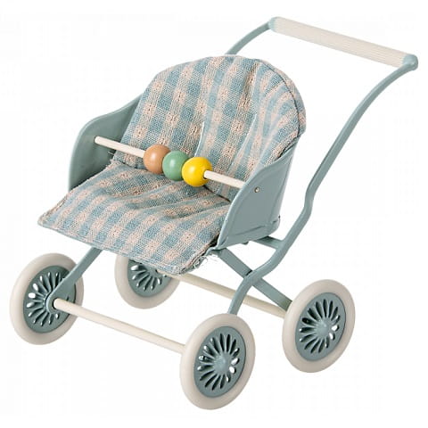 Maileg Wózek spacerowy błękitny podwójny Stroller Baby Mint twins  2