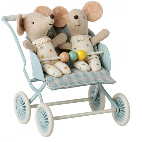Maileg Wózek spacerowy błękitny podwójny Stroller Baby Mint twins