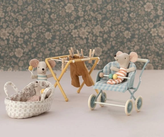 Maileg Wózek spacerowy błękitny podwójny Stroller Baby Mint twins  3