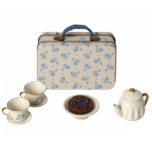 Maileg zestaw do herbaty z ciastem w walizce, Afternoon treat - Blue madelaine