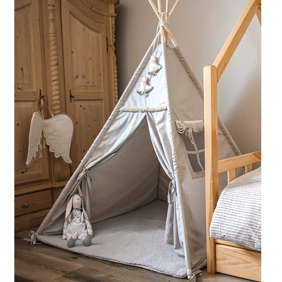 Namiot tipi dla dzieci z matą podłogową szary + zawieszki gąski