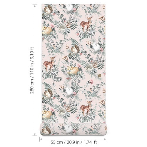 Tapeta dziecięca Woodland Pink różowa w brytach zwierzątka 2