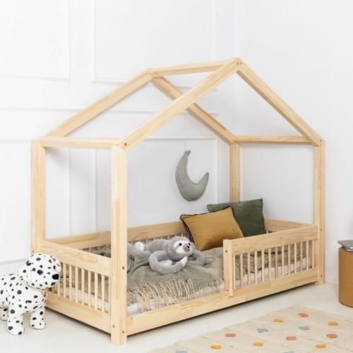 Drewniane łóżko domek dla dzieci styl skandynawski z barierką szczebelki 4