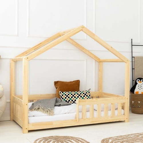 Drewniane łóżko domek dla dzieci styl skandynawski z barierką płotek