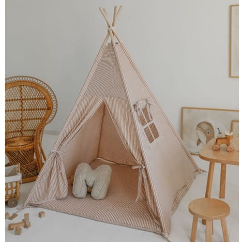 Namiot tipi dla dzieci w beżowe paski z matą podłogową z dwustronnego muślinu