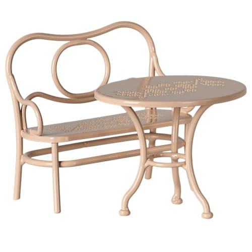 Maileg stół i ławka duży różowy zestaw kawowy dla myszek