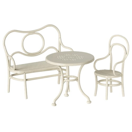 Maileg stół, ławka i krzesło mały biały zestaw kawowy dla myszek