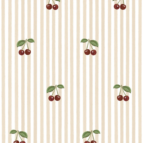 Tapeta dziecięca beżowe paski wiśnie Little Cherries on Beige Stripes 1