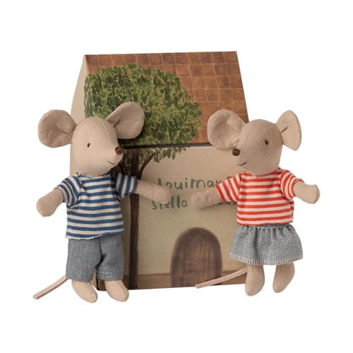 Maileg myszki LouiMax i Stella młodszy brat i młodsza siostra + kartonowy domek