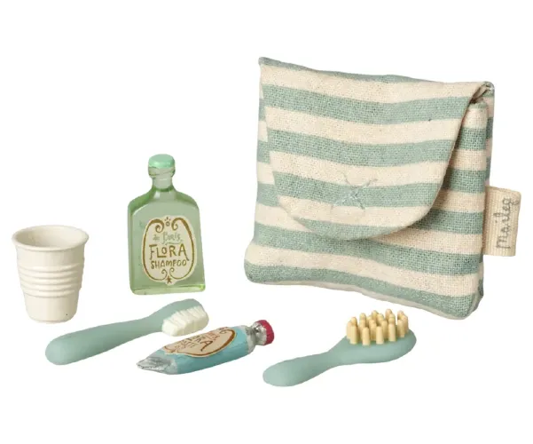 Maileg zestaw szczoteczek w torebce dla myszek, w niebieskie paski