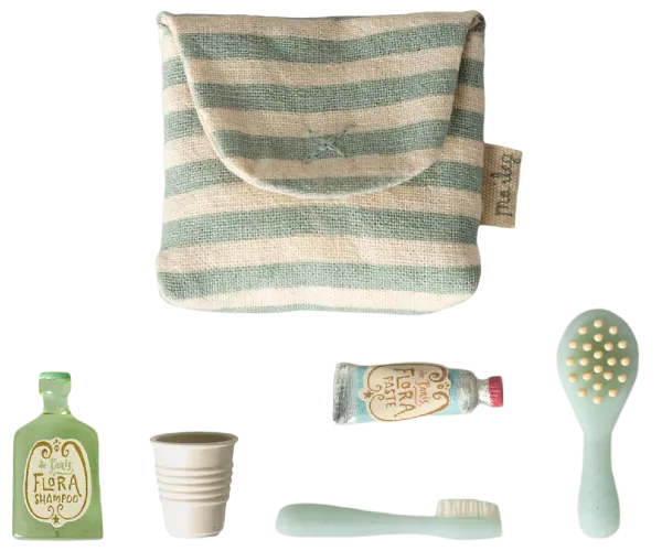 Maileg zestaw szczoteczek w torebce dla myszek, w niebieskie paski 2