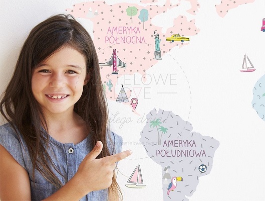 Naklejka na ścianę - mapa świata różowa 1