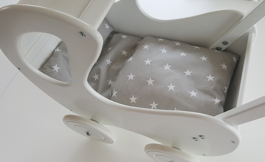 Drewniany wózek dla lalek z budką RETRO biały pchacz 5