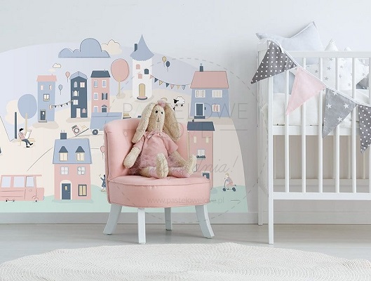 Naklejka na ścianę - miasteczko różowe 1