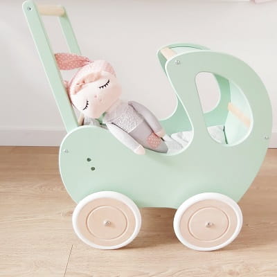 Drewniany wózek dla lalek RETRO pchacz miętowy z drewnem