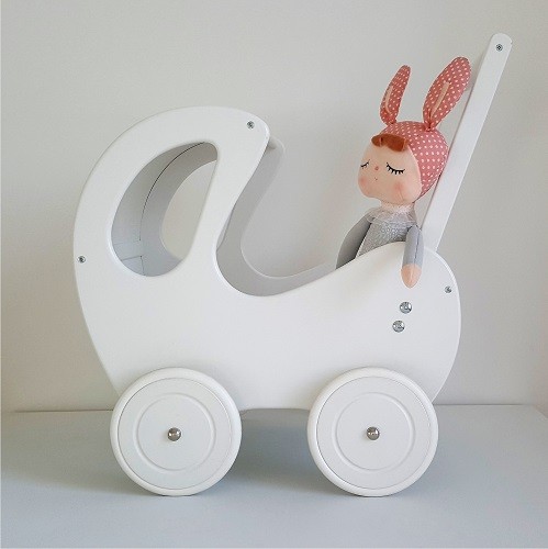 Drewniany wózek dla lalek z budką RETRO biały pchacz