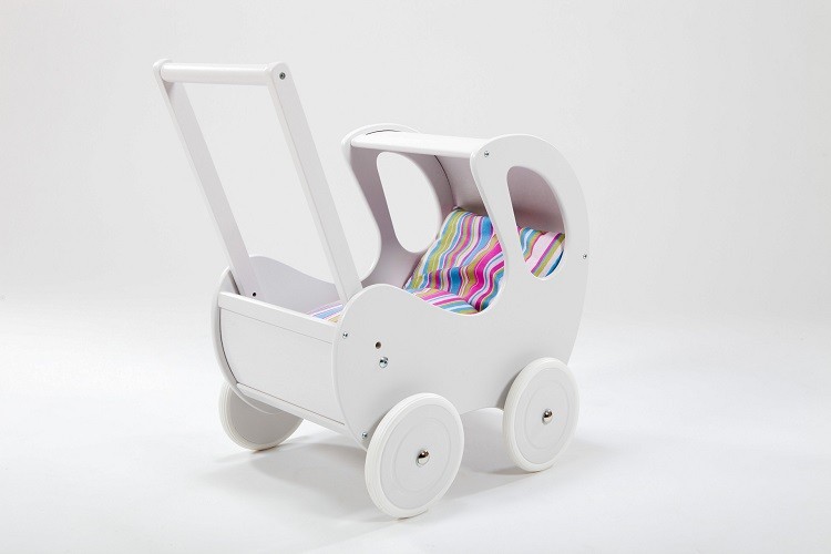 Drewniany wózek dla lalek z budką RETRO biały pchacz 3