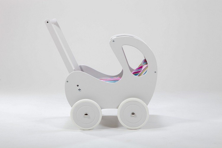 Drewniany wózek dla lalek z budką RETRO biały pchacz 4