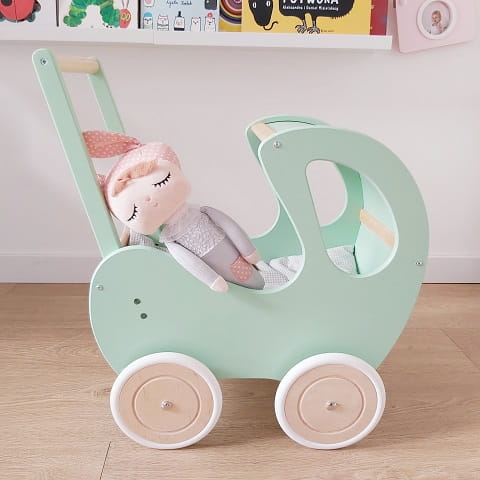 Drewniany wózek dla lalek RETRO pchacz miętowy z drewnem 2
